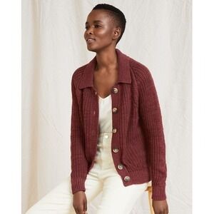 Garnet Hill Maren Linen Chunky Knit Button-Front Cardigan in Deep Burgundy